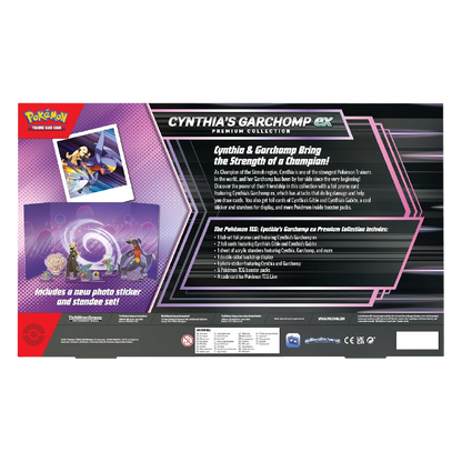 Parte trasera de la Colección Premium Cynthia y Garchomp ex de Pokémon TCG mostrando el contenido incluido.
