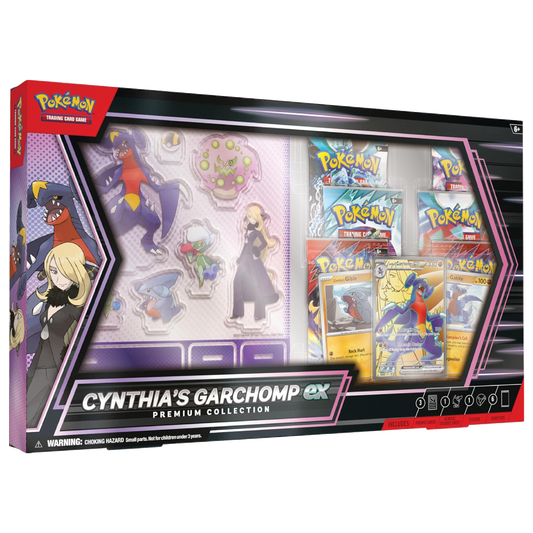 Caja de la Colección Premium Cynthia y Garchomp ex de Pokémon TCG con cartas promocionales, set de figuras acrílicas y 6 sobres de mejora.