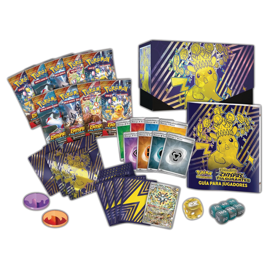 Contenido de la Caja de Entrenador Élite Pokémon Chispas Fulgurantes con 9 sobres, fundas Pikachu, carta promocional Magneton y accesorios Pokémon TCG.
