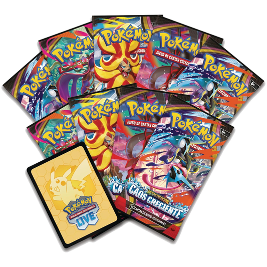 Sobres de mejora de la colección Caos Creciente y carta para Pokémon TCG Live incluidos en la Caja de Entrenador Élite Pokémon Megaevolución Caos Creciente.
