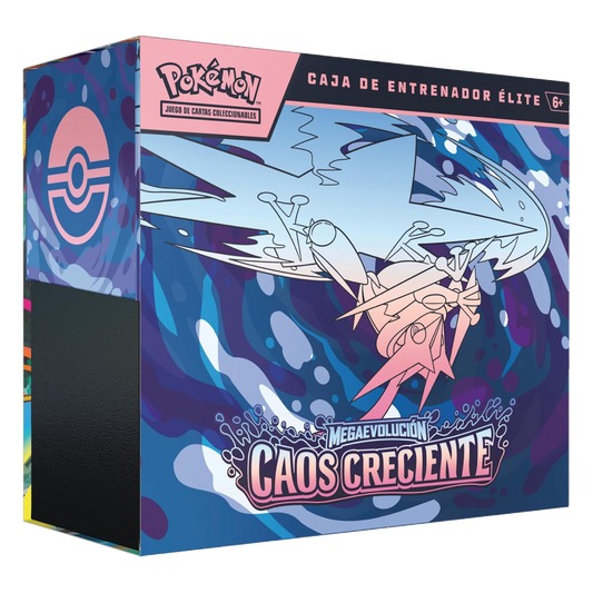 Caja de Entrenador Élite Pokémon TCG Megaevolución Caos Creciente con Greninja ex y diseño en tonos azul y rosa.