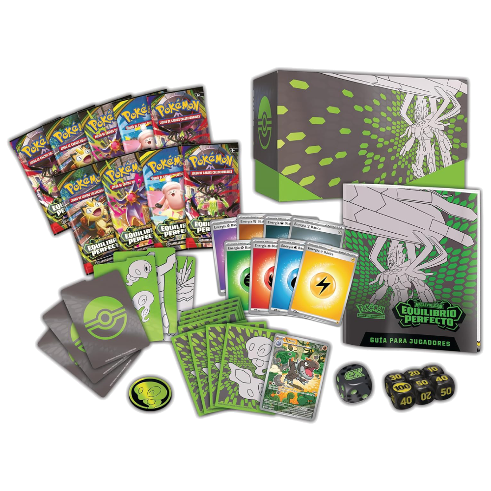 Contenido de la ETB Megaevolución Equilibrio Perfecto con sobres, fundas, energías y accesorios Pokémon TCG