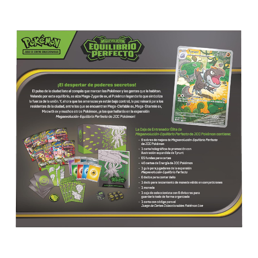 Parte trasera de la Caja de Entrenador Élite Pokémon Megaevolución Equilibrio Perfecto con listado de contenidos