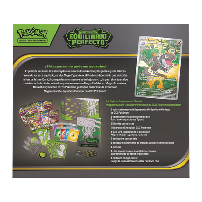 Parte trasera de la Caja de Entrenador Élite Pokémon Megaevolución Equilibrio Perfecto con listado de contenidos