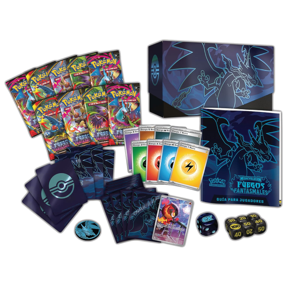 Contenido de la Caja de Entrenador Élite Pokémon Megaevolución Fuegos Fantasmales con 9 sobres, fundas temáticas, carta promocional de Charcadet y accesorios oficiales Pokémon TCG.
