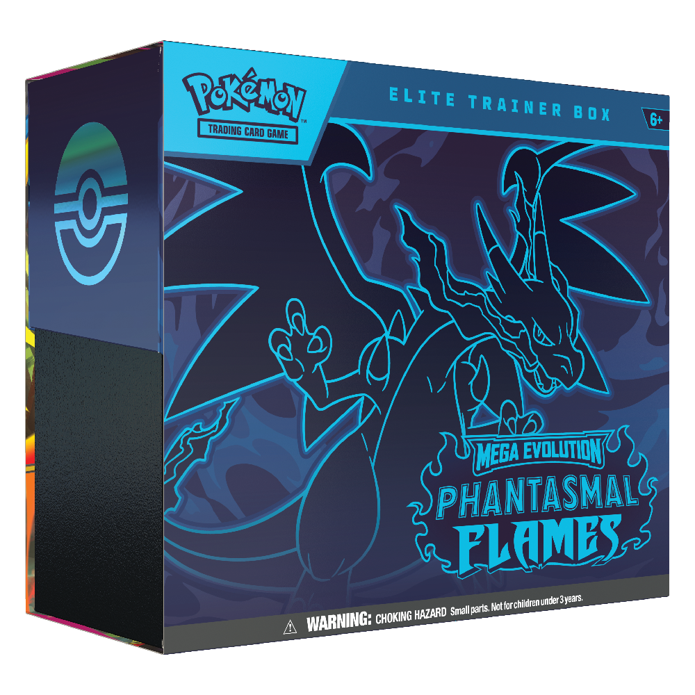 Caja de Entrenador Élite Pokémon TCG Megaevolución Fuegos Fantasmales con Mega-Charizard X y diseño en tonos azul oscuro. Phantasmal Flames en inglés.