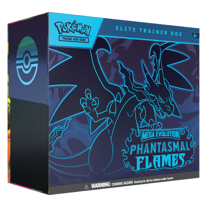 Caja de Entrenador Élite Pokémon TCG Megaevolución Fuegos Fantasmales con Mega-Charizard X y diseño en tonos azul oscuro. Phantasmal Flames en inglés.