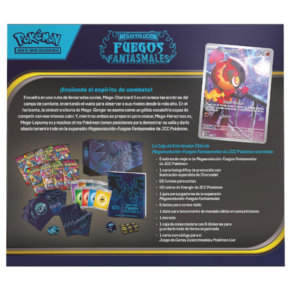 Parte trasera de la Caja de Entrenador Élite Pokémon Megaevolución Fuegos Fantasmales con información y lista completa del contenido.