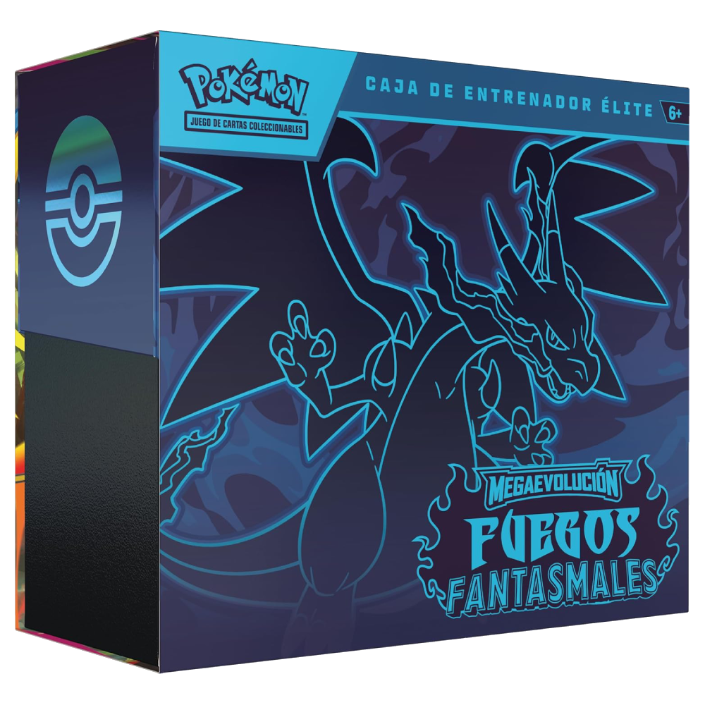 Caja de Entrenador Élite Pokémon TCG Megaevolución Fuegos Fantasmales con Mega-Charizard X y diseño en tonos azul oscuro.
