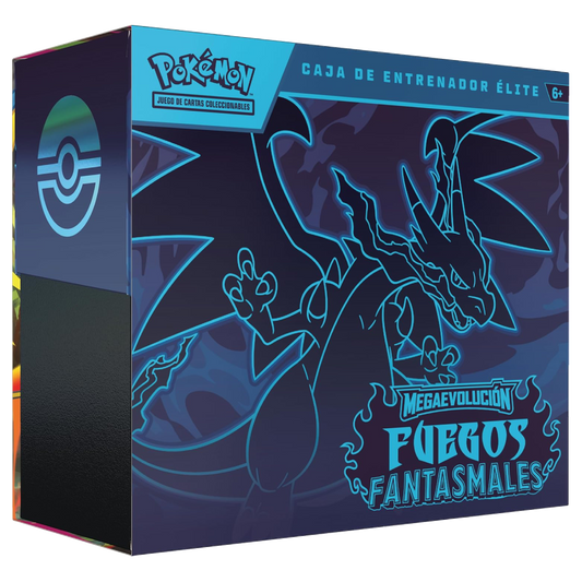 Caja de Entrenador Élite Pokémon TCG Megaevolución Fuegos Fantasmales con Mega-Charizard X y diseño en tonos azul oscuro.