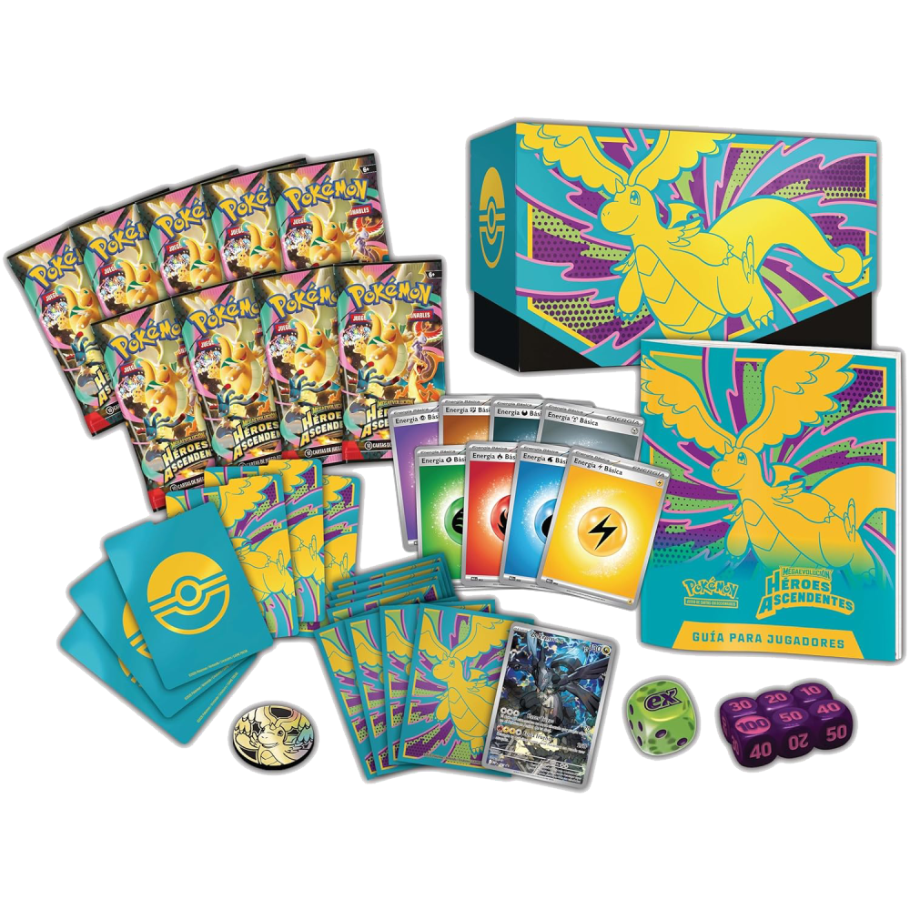 Contenido de la Caja de Entrenador Élite Pokémon Megaevolución Héroes Ascendentes con 9 sobres, fundas temáticas, carta promocional de Zekrom de N y accesorios oficiales Pokémon TCG.