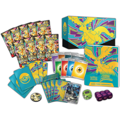 Contenido de la Caja de Entrenador Élite Pokémon Megaevolución Héroes Ascendentes con 9 sobres, fundas temáticas, carta promocional de Zekrom de N y accesorios oficiales Pokémon TCG.