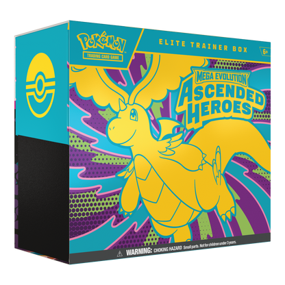Caja de Entrenador Élite Pokémon TCG Megaevolución Héroes Ascendentes con Mega-Dragonite ex y diseño en colores turquesa y amarillo. Asdended Heroes en inglés.