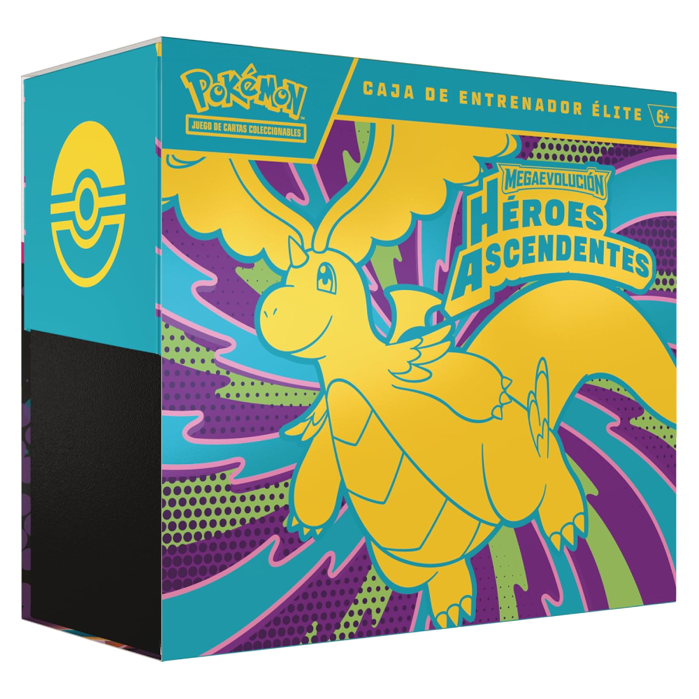 Caja de Entrenador Élite Pokémon TCG Megaevolución Héroes Ascendentes con Mega-Dragonite ex y diseño en colores turquesa y amarillo.
