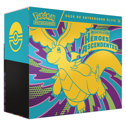 Caja de Entrenador Élite Pokémon TCG Megaevolución Héroes Ascendentes con Mega-Dragonite ex y diseño en colores turquesa y amarillo.