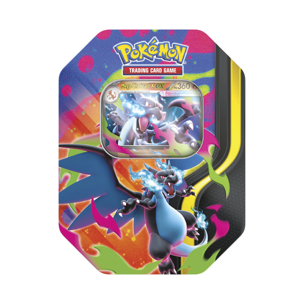 Lata Mega-Charizard X ex de Pokémon Megaevolución con carta promocional holográfica y 4 sobres de mejora.