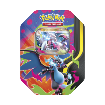 Lata Mega-Charizard X ex de Pokémon Megaevolución con carta promocional holográfica y 4 sobres de mejora.