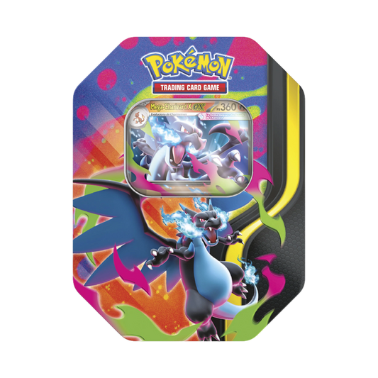 Lata Mega-Charizard X ex de Pokémon Megaevolución con carta promocional holográfica y 4 sobres de mejora.