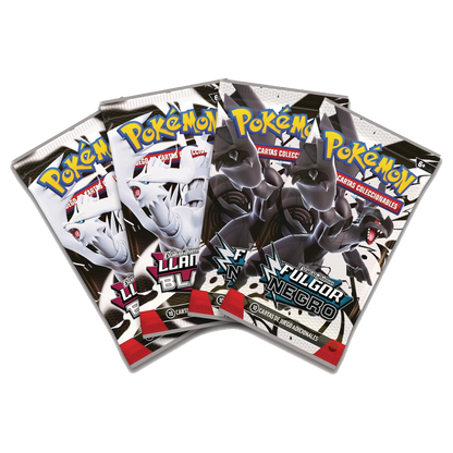 Sobres de mejora Fulgor Negro y Llama Blanca incluidos en la Colección Ilustración Victini de Pokémon JCC.