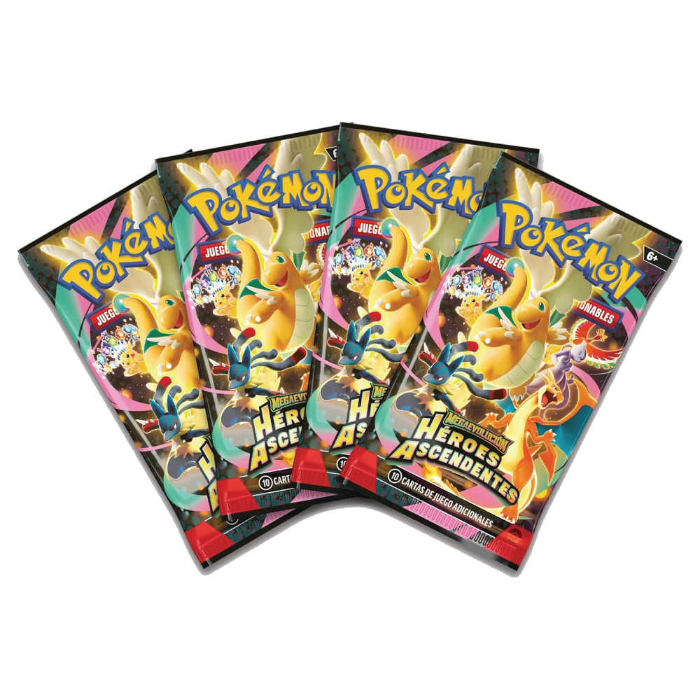 Cuatro sobres de mejora de Pokémon Megaevolución Héroes Ascendentes incluidos en la Colección.