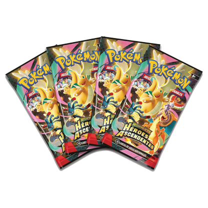 Cuatro sobres de mejora de Pokémon Megaevolución Héroes Ascendentes incluidos en la Colección.
